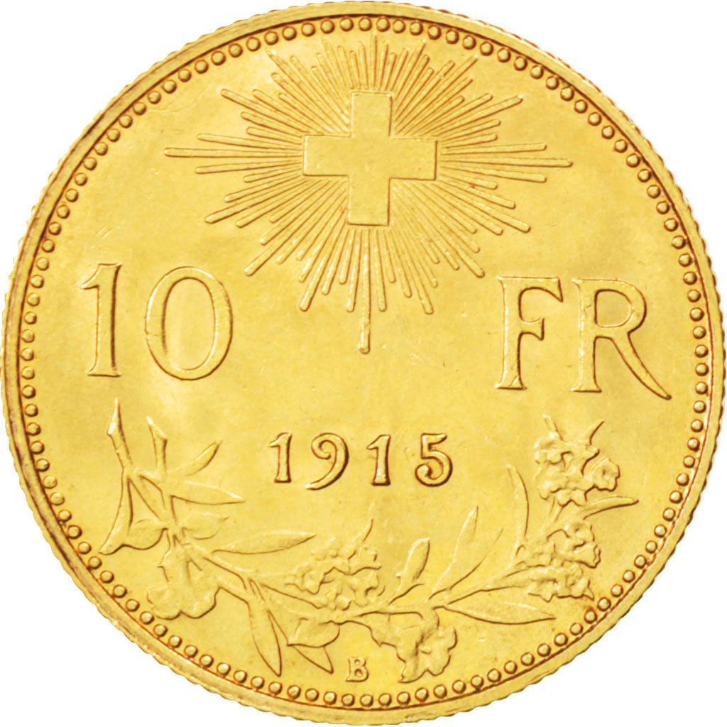 SWITZERLAND, 10 Francs, 1915, Bern, KM #36, AU(55-58), Gold, 3.22