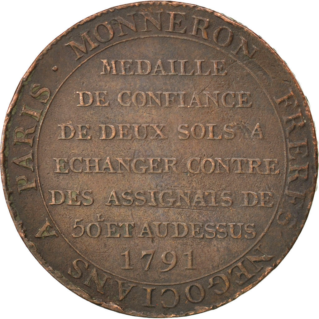 FRANCE, 2 Sols, 1791, KM #Tn23, VF(30-35), Bronze, Brandon #217, 17.85
