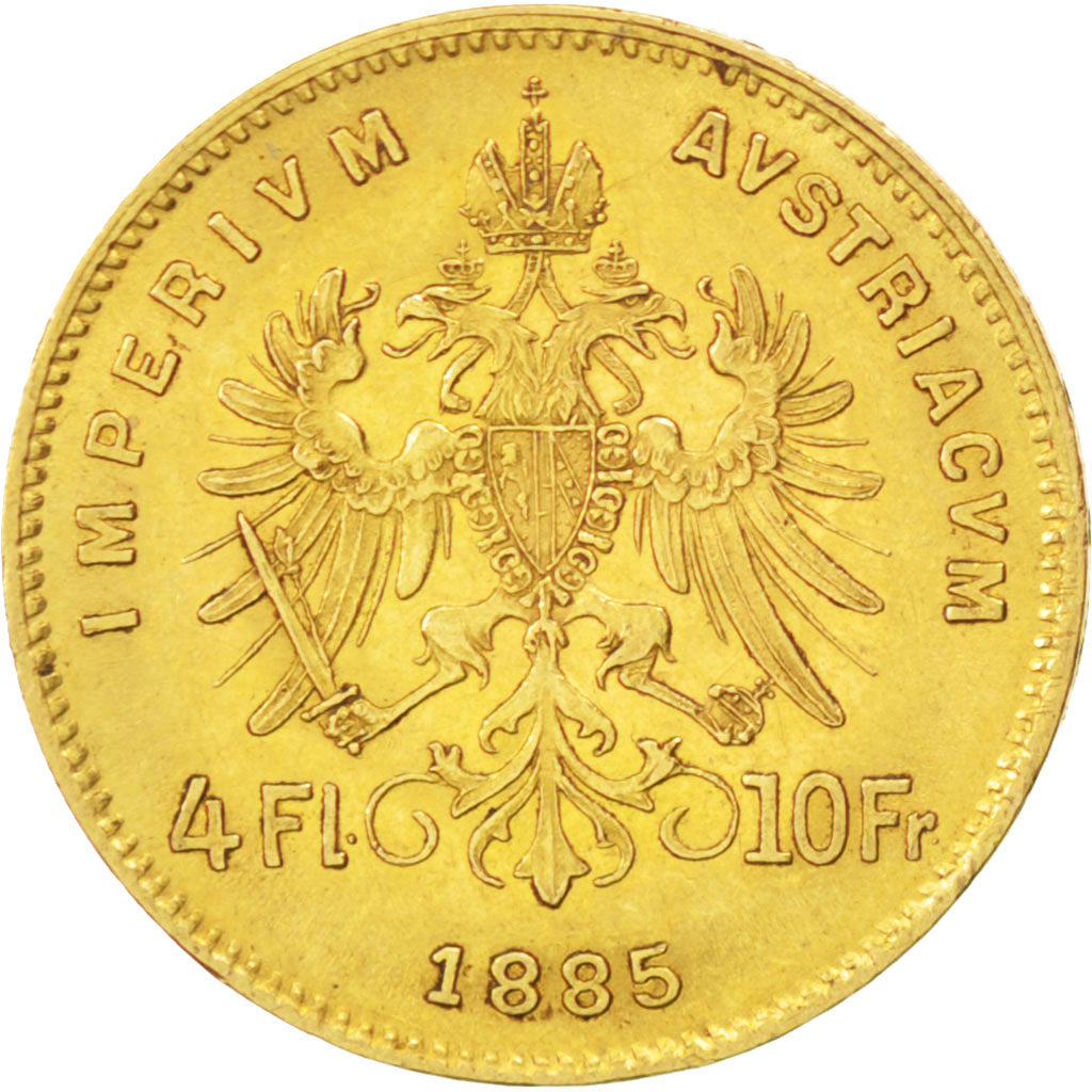 AUSTRIA, 4 Florin 10 Francs, 1885, KM #2260, EF(40-45), Gold, 3.21