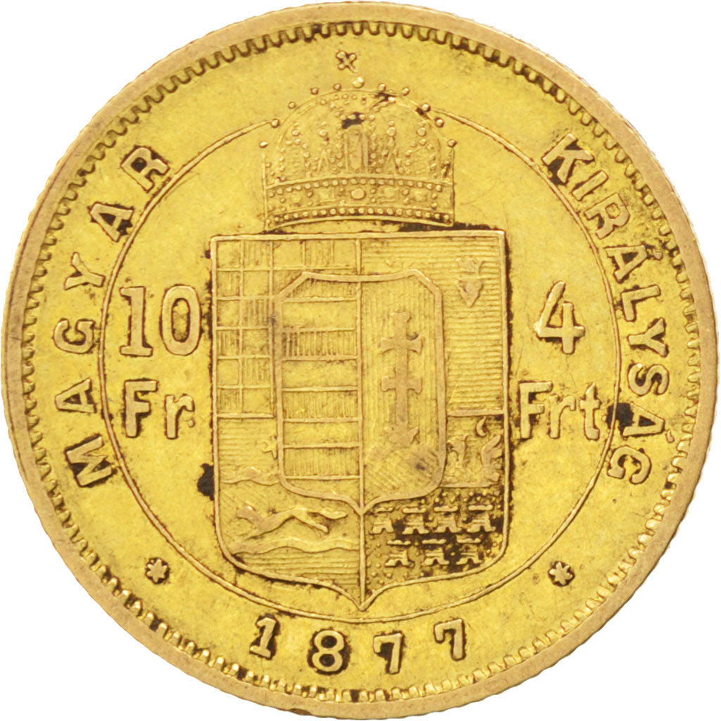 HUNGARY, 4 Forint 10 Francs, 1877, Kormoczbanya, KM #454.2, VF(30-35), Gold,...
