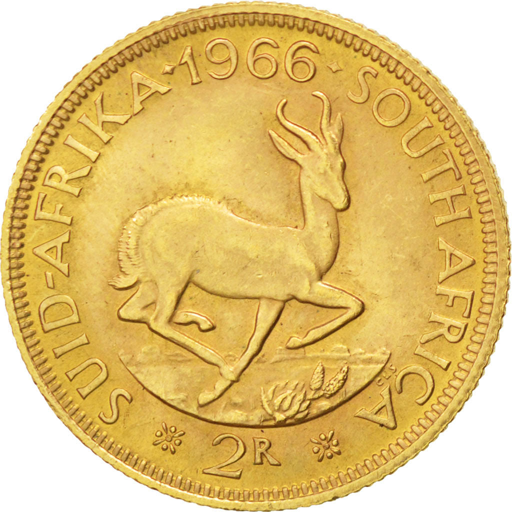 SOUTH AFRICA, 2 Rand, 1966, KM #64, AU(55-58), Gold, 8.00