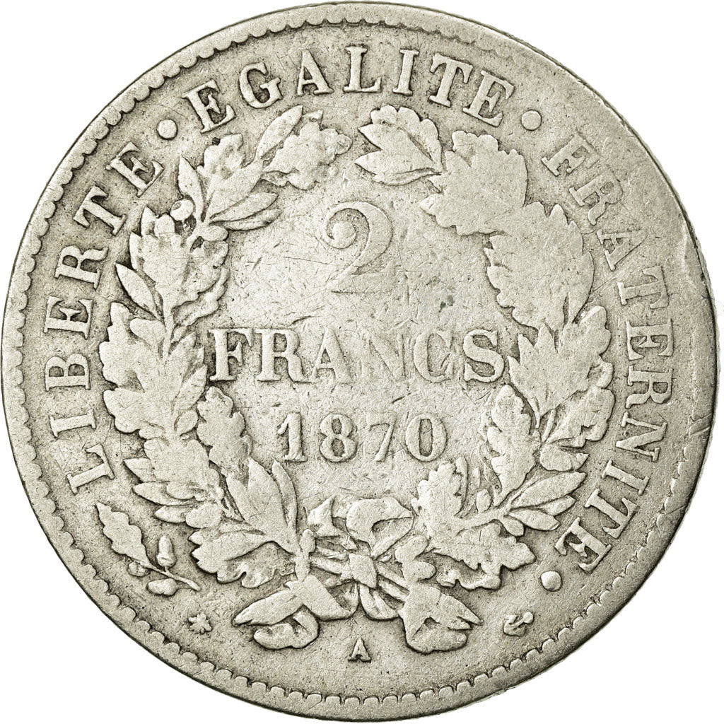 Coin, France, Cérès, 2 Francs, 1870, Paris, VF(20-25), Silver, KM:817.1