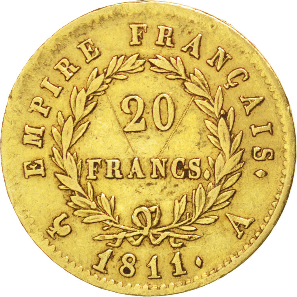 FRANCE, Napoléon I, 20 Francs, 1811, Paris, KM #695.1, VF(30-35), Gold, Gadoury 