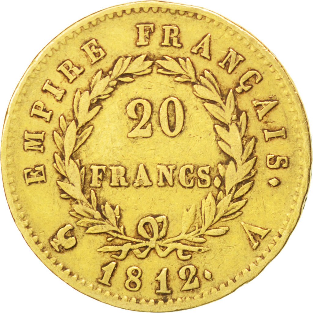 FRANCE, Napoléon I, 20 Francs, 1812, Paris, KM #695.1, VF(30-35), Gold, Gadoury 