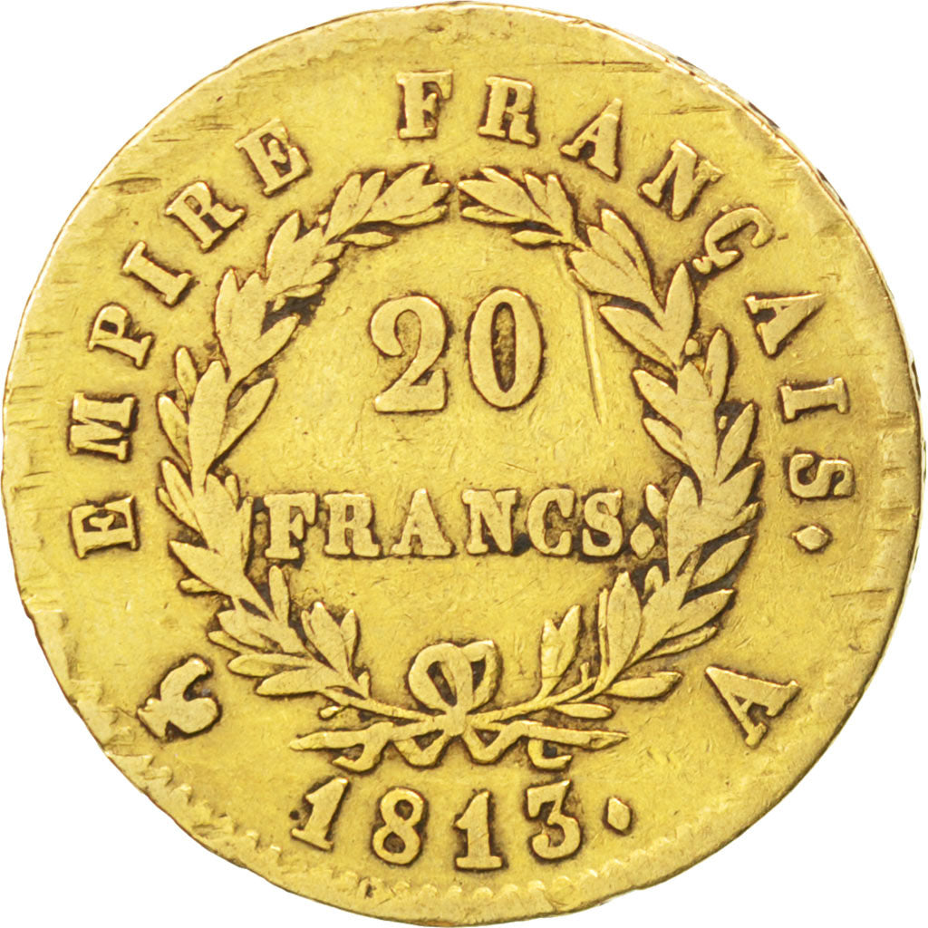 FRANCE, Napoléon I, 20 Francs, 1813, Paris, KM #695.1, VF(20-25), Gold, Gadoury 