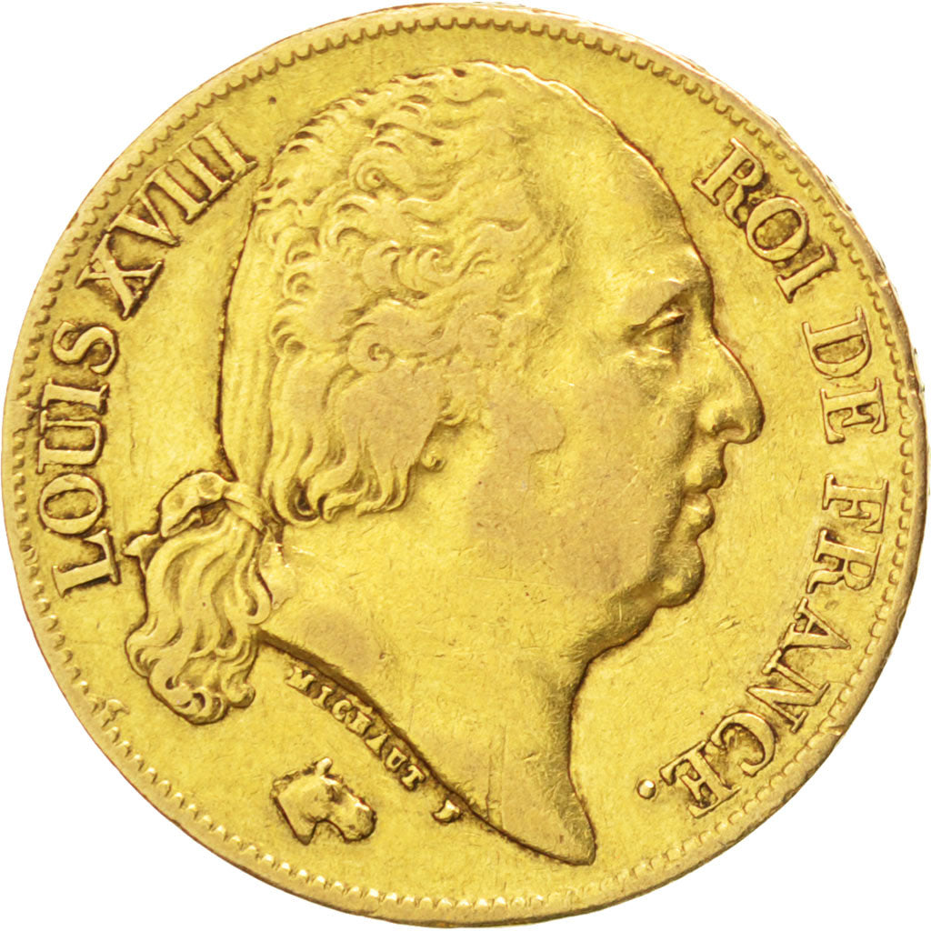 FRANCE, Louis XVIII, 20 Francs, 1824, Paris, KM #712.1, EF(40-45), Gold,...