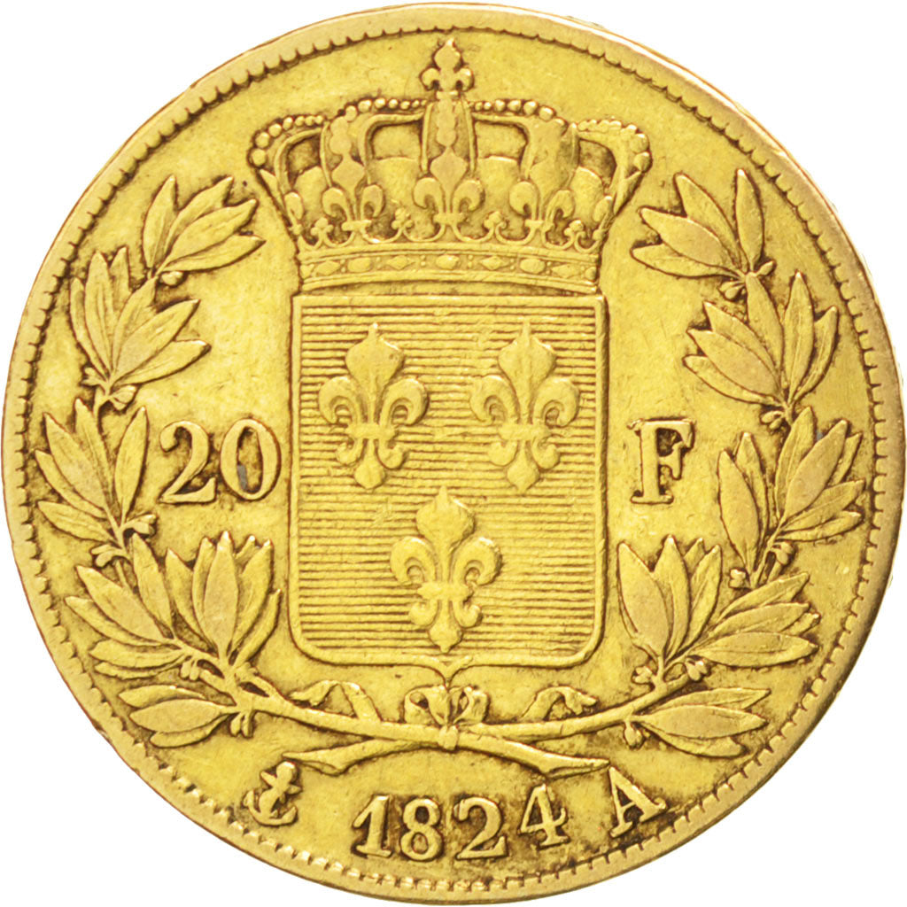FRANCE, Louis XVIII, 20 Francs, 1824, Paris, KM #712.1, EF(40-45), Gold,...