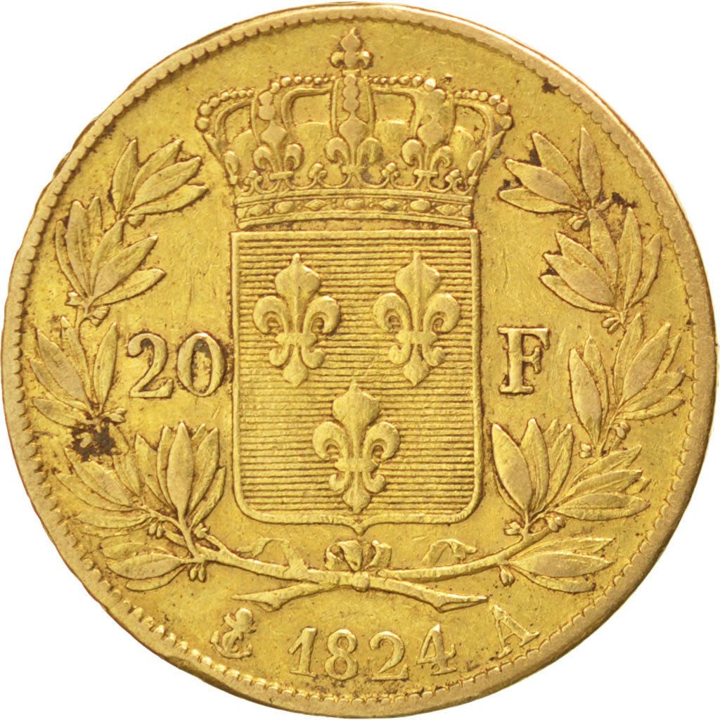 FRANCE, Louis XVIII, 20 Francs, 1824, Paris, KM #712.1, EF(40-45), Gold,...