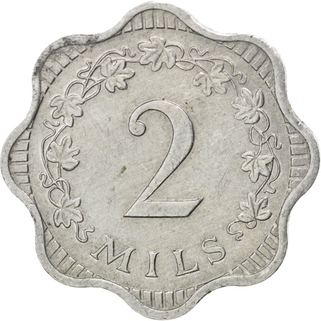 MALTA, 2 Mils, 1972, KM #5, AU(55-58), Aluminum, 20.3, 0.88