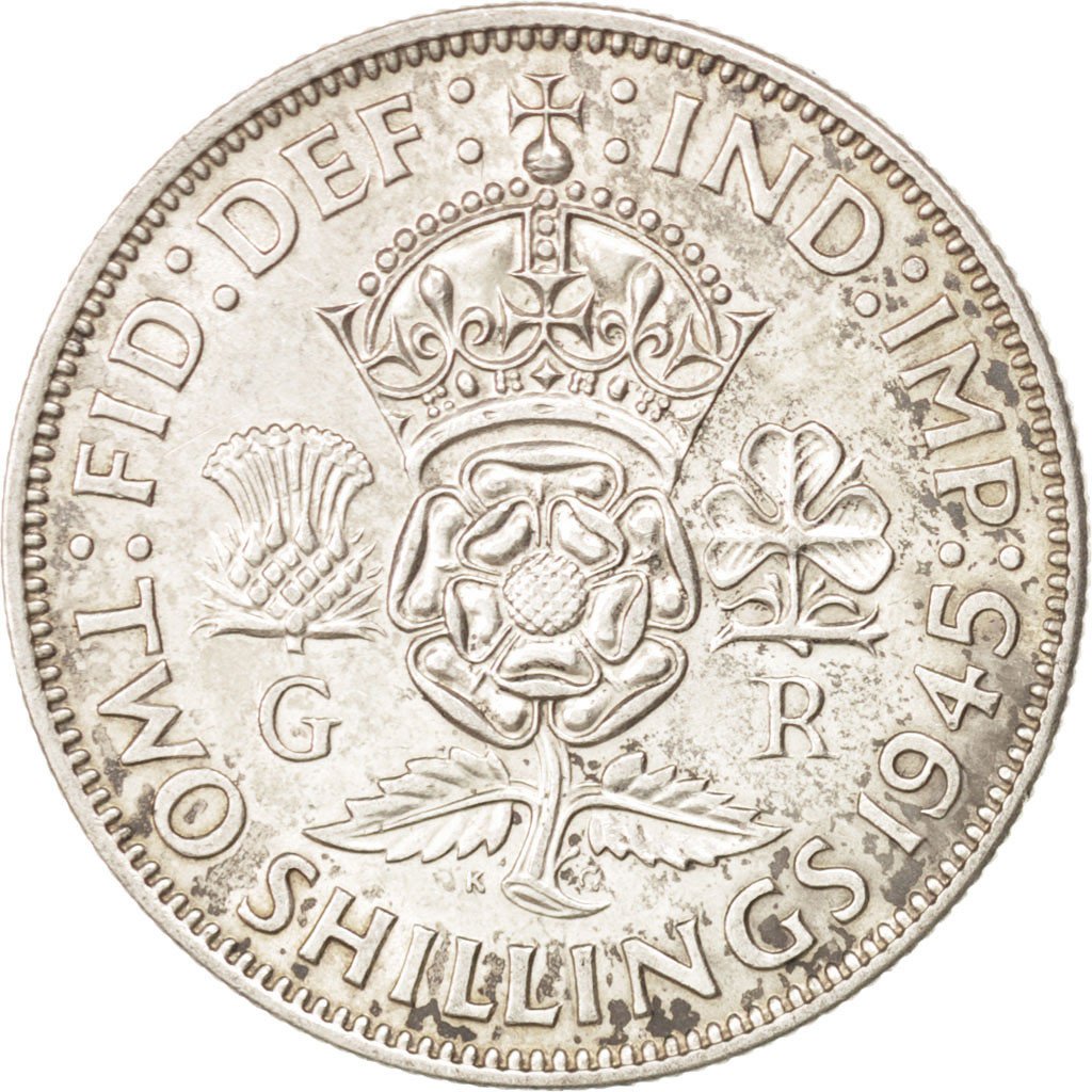 GREAT BRITAIN, Florin, Two Shillings, 1945, KM #855, AU(55-58), Silver, 28.3,...