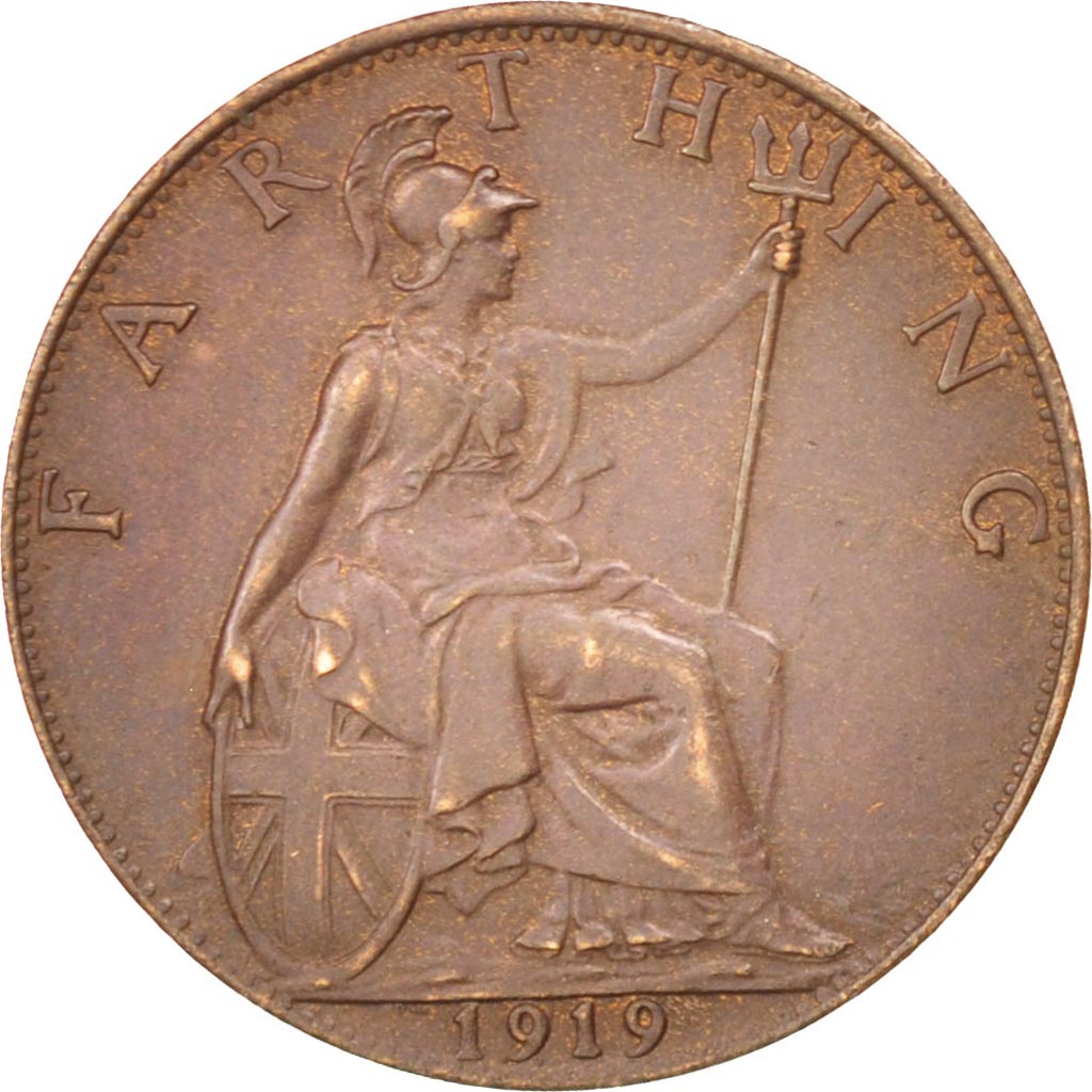 GREAT BRITAIN, Farthing, 1919, KM #808.2, AU(55-58), Bronze, 20, 2.80