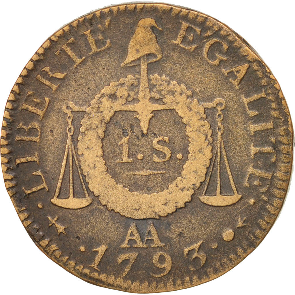 Coin, France, Sol aux balances françoise, Sol, 1793, Metz, VF(30-35), Bronze