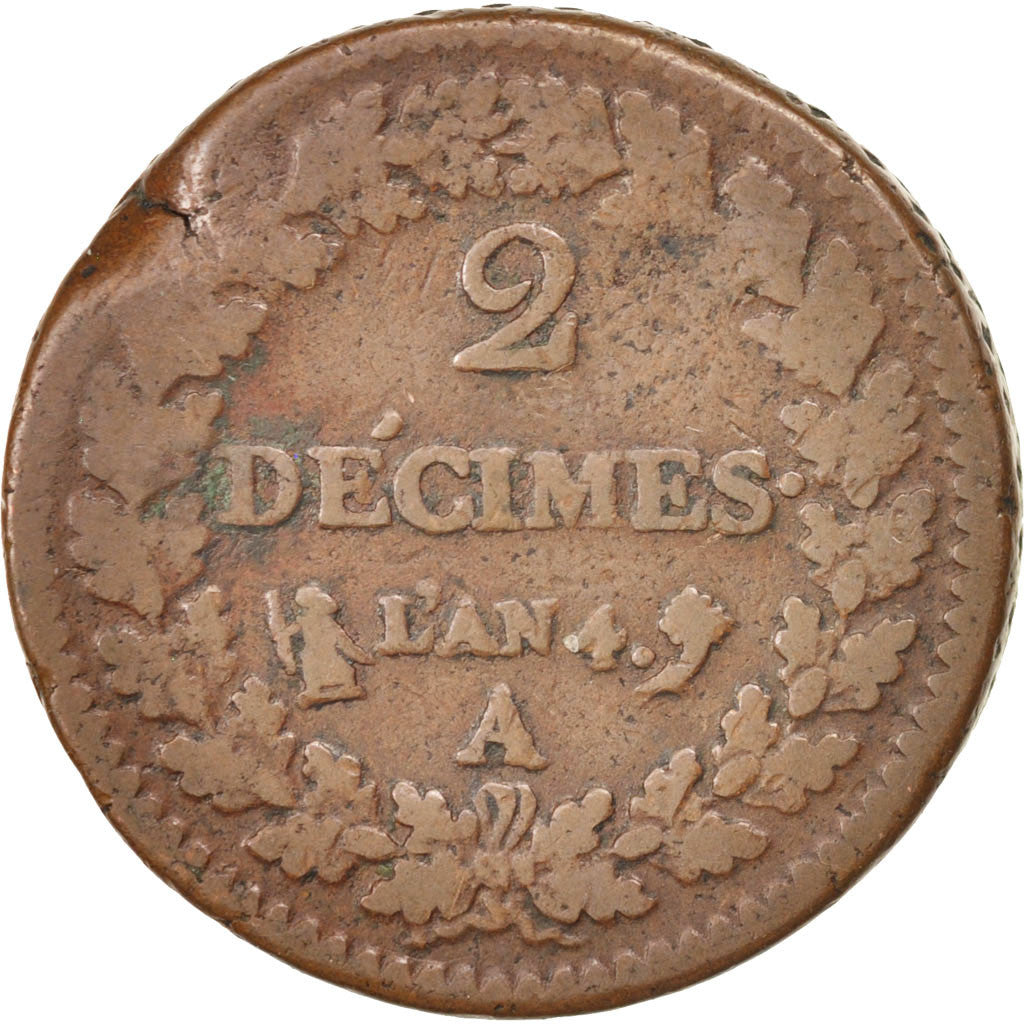 FRANCE, Dupré, 2 Decimes, 1795, Paris, KM #638.1, VG(8-10), Bronze, 31, Gadoury 