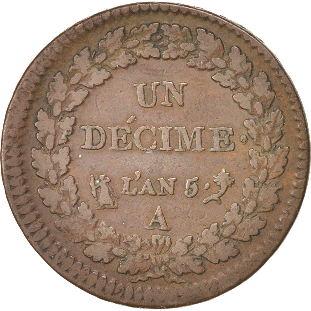 FRANCE, Dupré, Decime, 1796, Paris, KM #644.1, VF(30-35), Bronze, 32, Gadoury #.