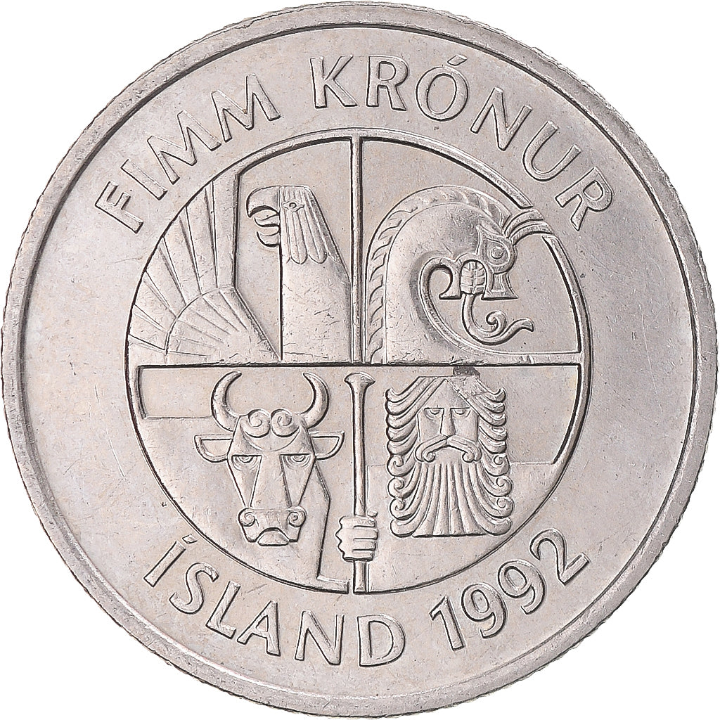 Coin, Iceland, 5 Kronur, 1992