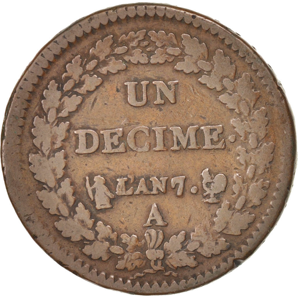 Munten, Frankrijk, Dupré, Decime, 1798, Paris, ZG+, Bronze, KM:644.1