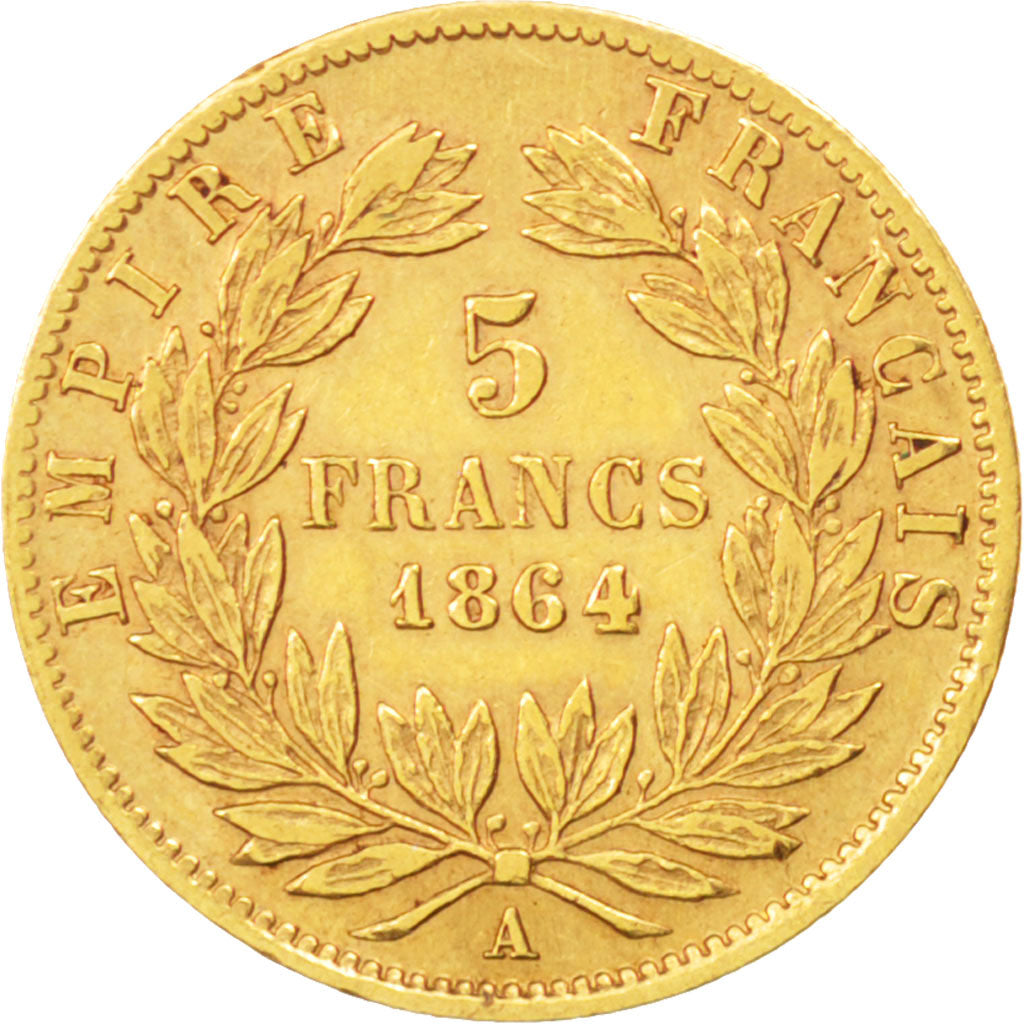 FRANCE, Napoléon III, 5 Francs, 1864, Paris, KM #803.1, EF(40-45), Gold, Gadoury