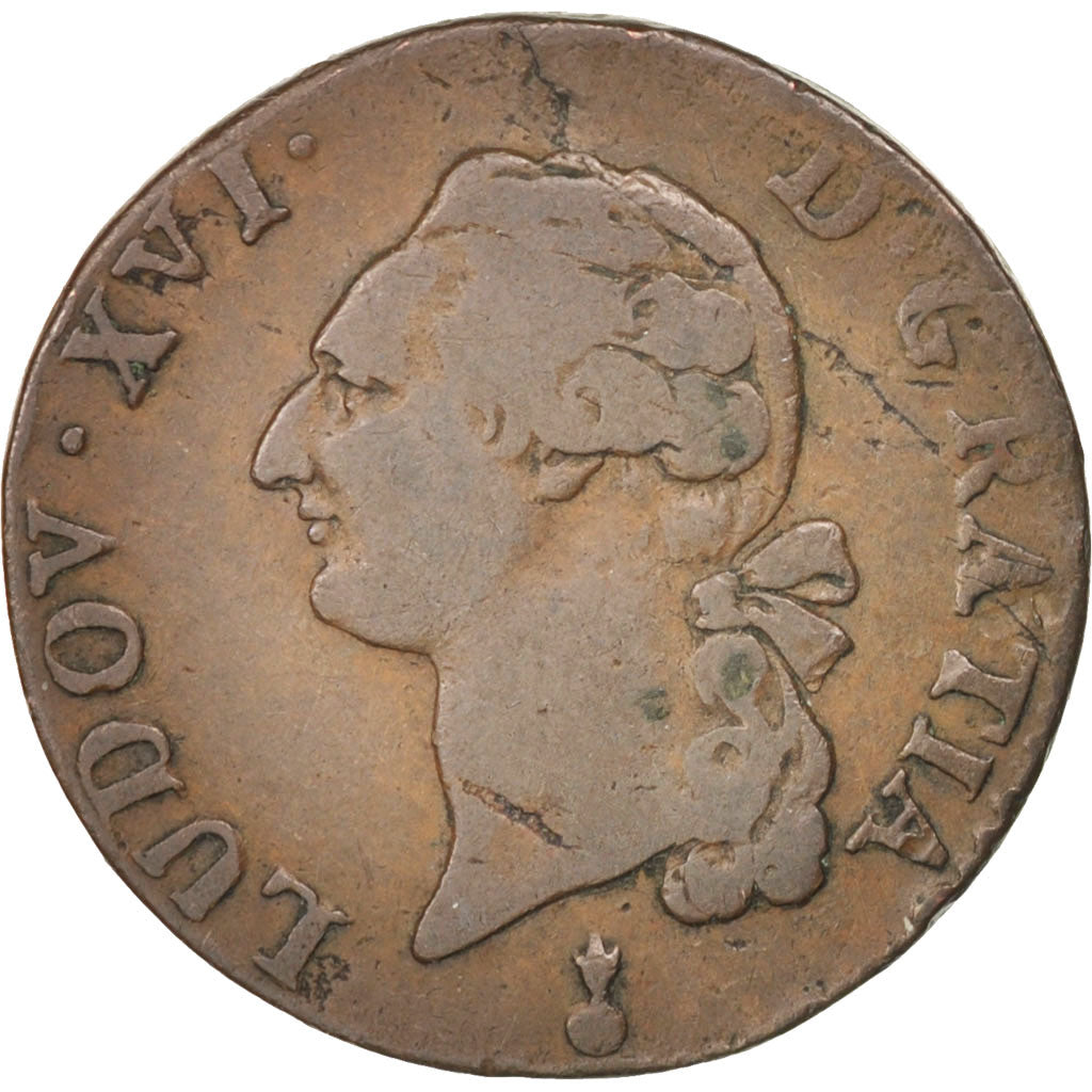 Moneta, Francia, Louis XVI, Sol ou sou, Sol, 1786, Metz, MB, Rame, KM:578.2