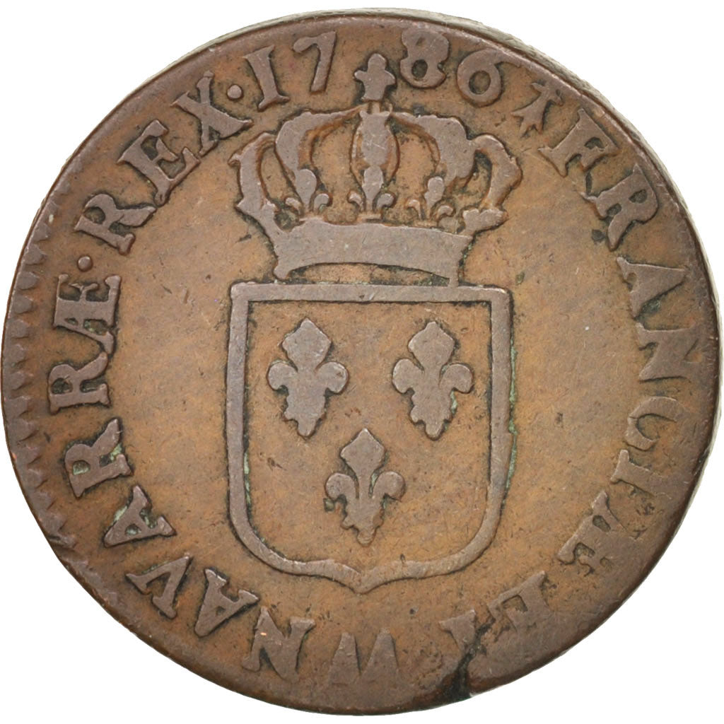 Moneta, Francia, Louis XVI, Sol ou sou, Sol, 1786, Metz, MB, Rame, KM:578.2