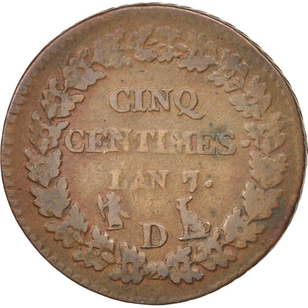 FRANCE, Dupré, 5 Centimes, 1798, Lyon, KM #640.5, VF(20-25), Bronze, Gadoury #..