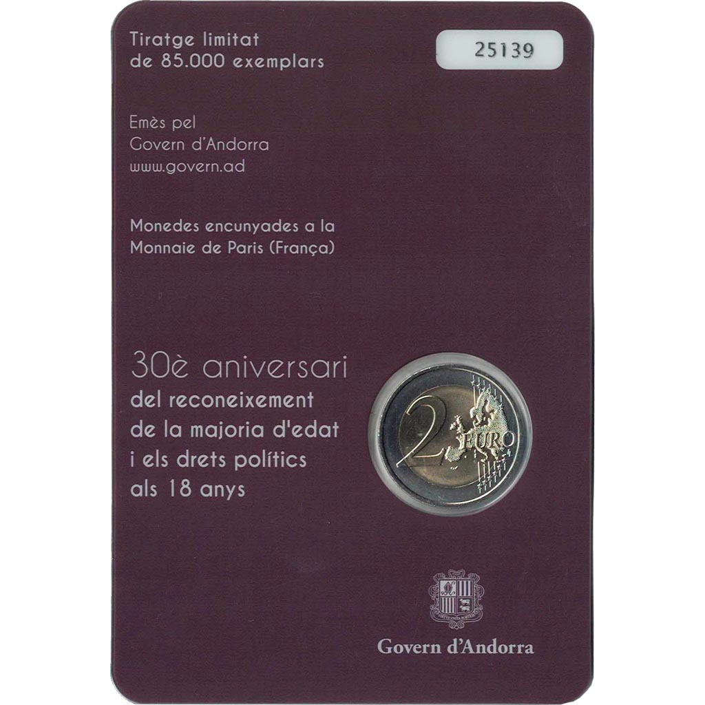 Andorra, 2 Euro, Majorité à 18 ans, 2015, MS(65-70), Bi-Metallic
