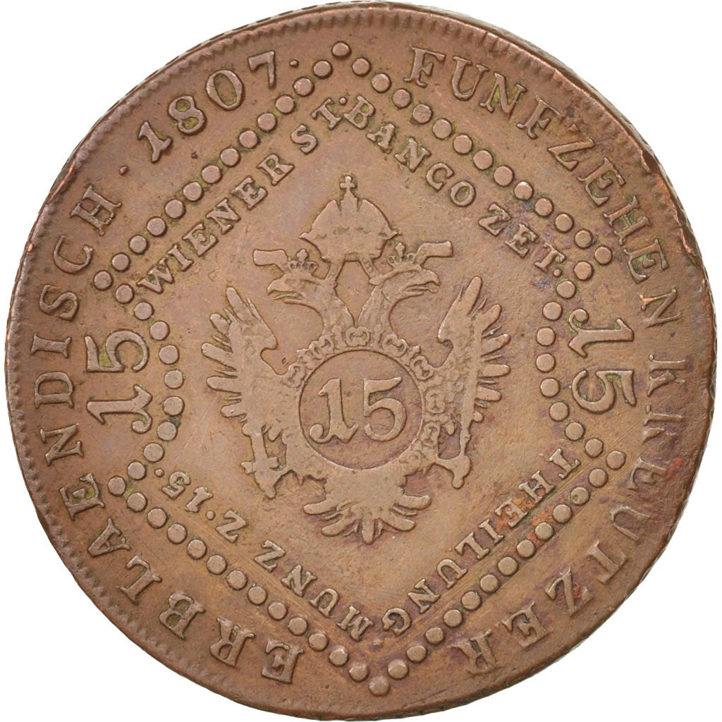 AUSTRIA, 15 Kreuzer, 1807, Schmollnitz, KM #2138, EF(40-45), Copper, 35.12,...