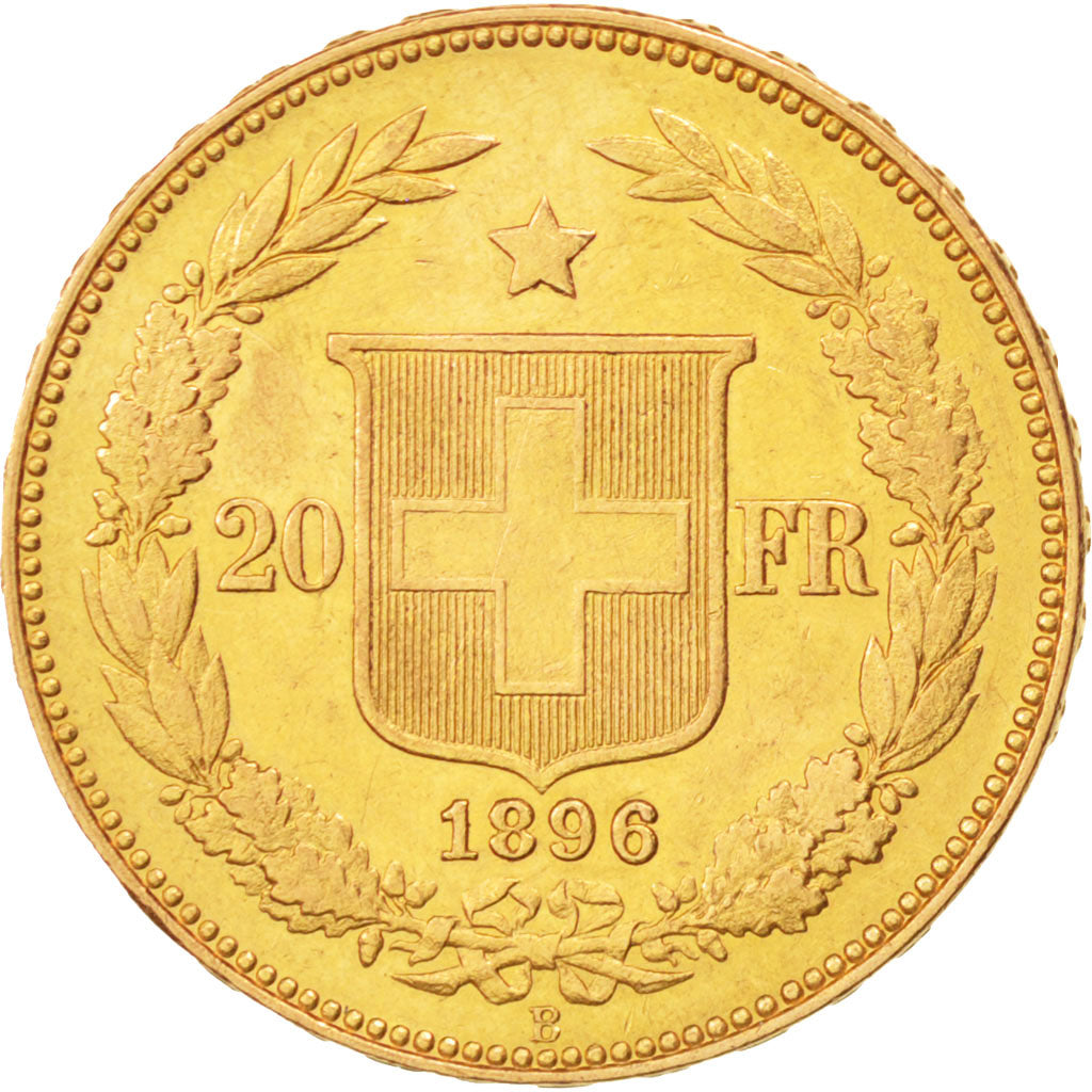 SWITZERLAND, 20 Francs, 1896, Bern, KM #31.3, AU(50-53), Gold, 6.46