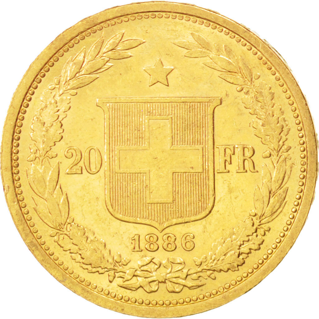 SWITZERLAND, 20 Francs, 1886, KM #31.3, AU(50-53), Gold, 6.44