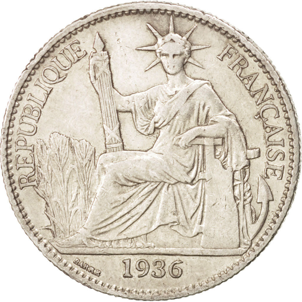FRENCH INDO-CHINA, 50 Cents, 1936, Paris, KM #4a.2, EF(40-45), Silver, Lecompte.