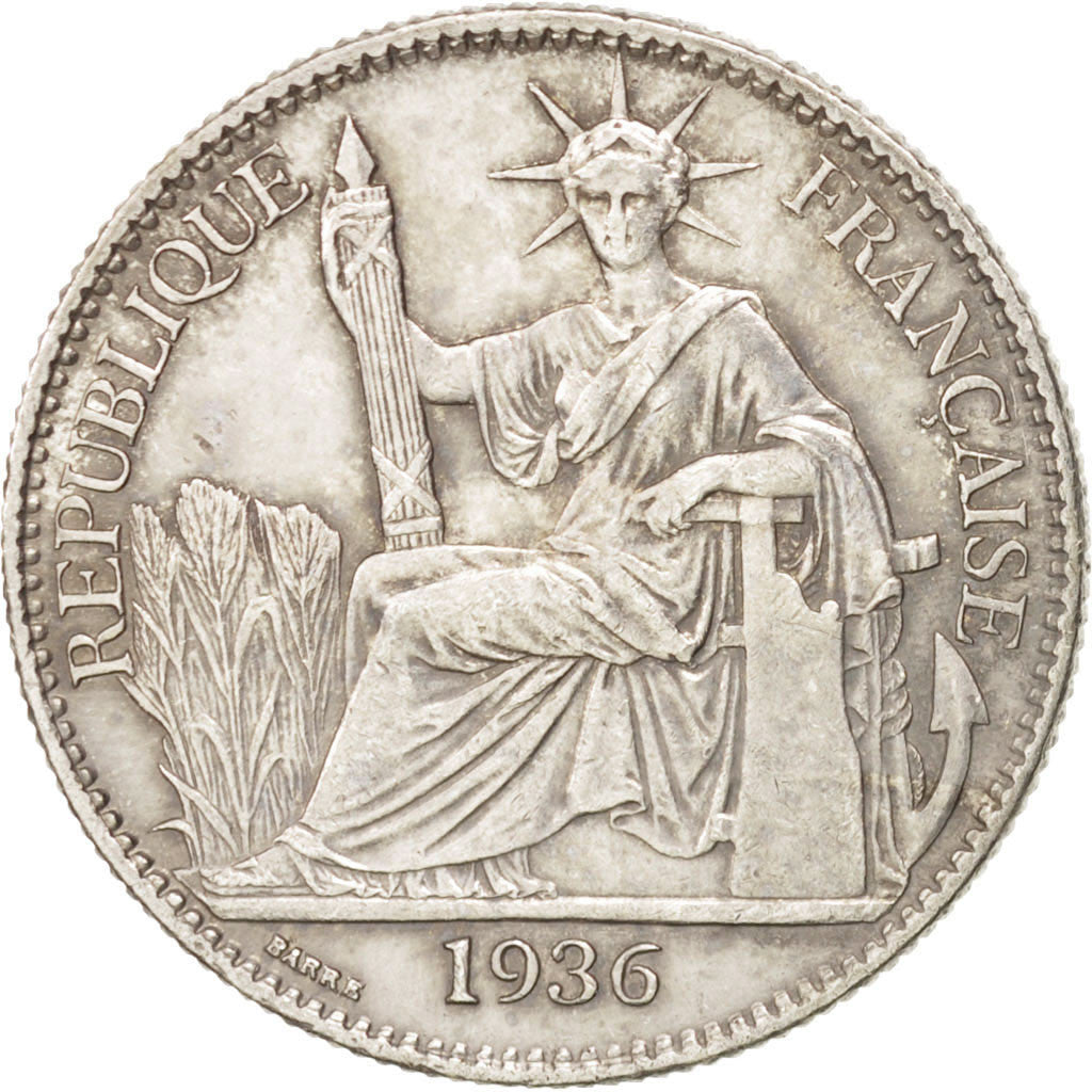 FRENCH INDO-CHINA, 50 Cents, 1936, Paris, KM #4a.2, AU(55-58), Silver, Lecompte.