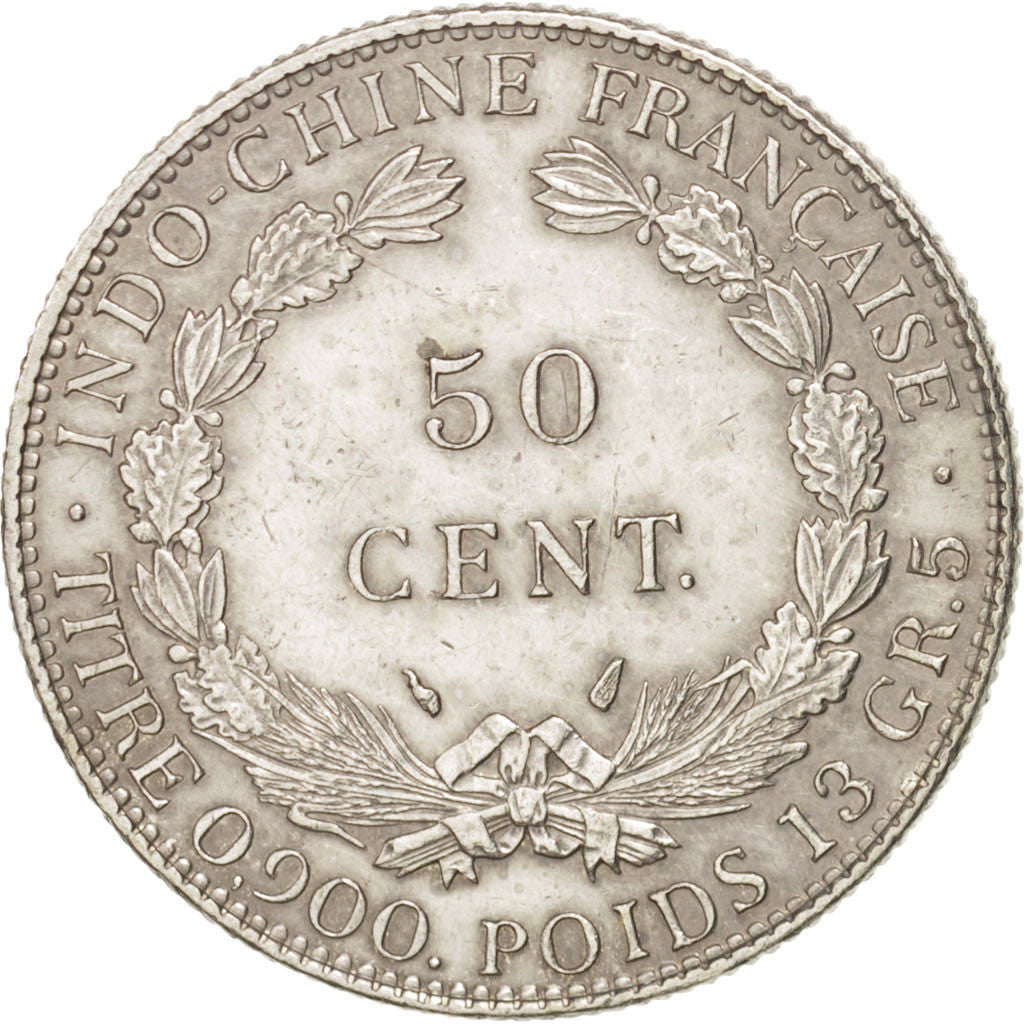 FRENCH INDO-CHINA, 50 Cents, 1936, Paris, KM #4a.2, AU(55-58), Silver, Lecompte.