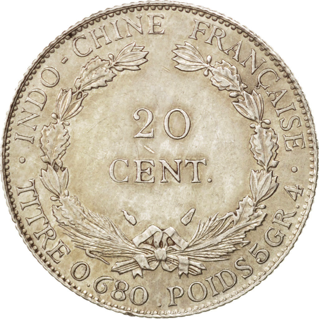 FRENCH INDO-CHINA, 20 Cents, 1937, Paris, KM #17.2, AU(55-58), Silver, Lecompte.