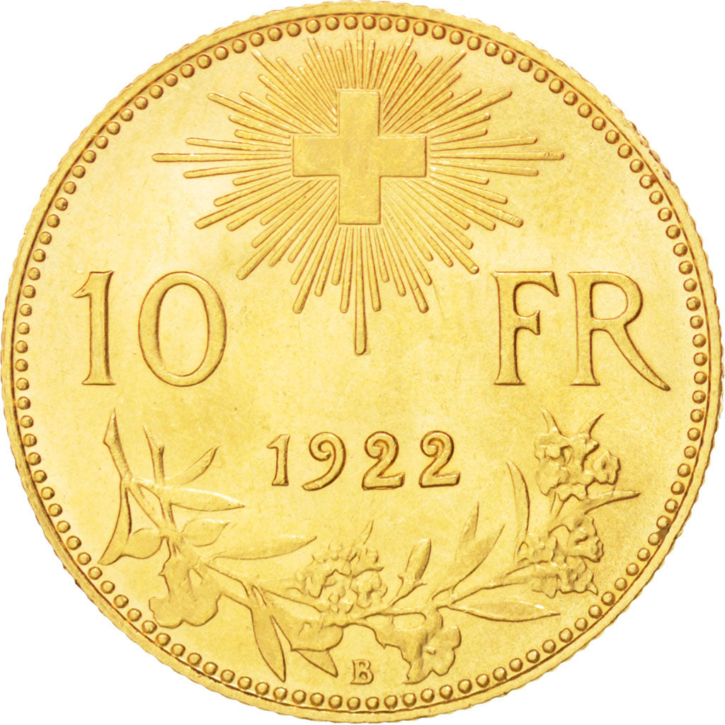 SWITZERLAND, 10 Francs, 1922, Bern, KM #36, AU(55-58), Gold, 3.24
