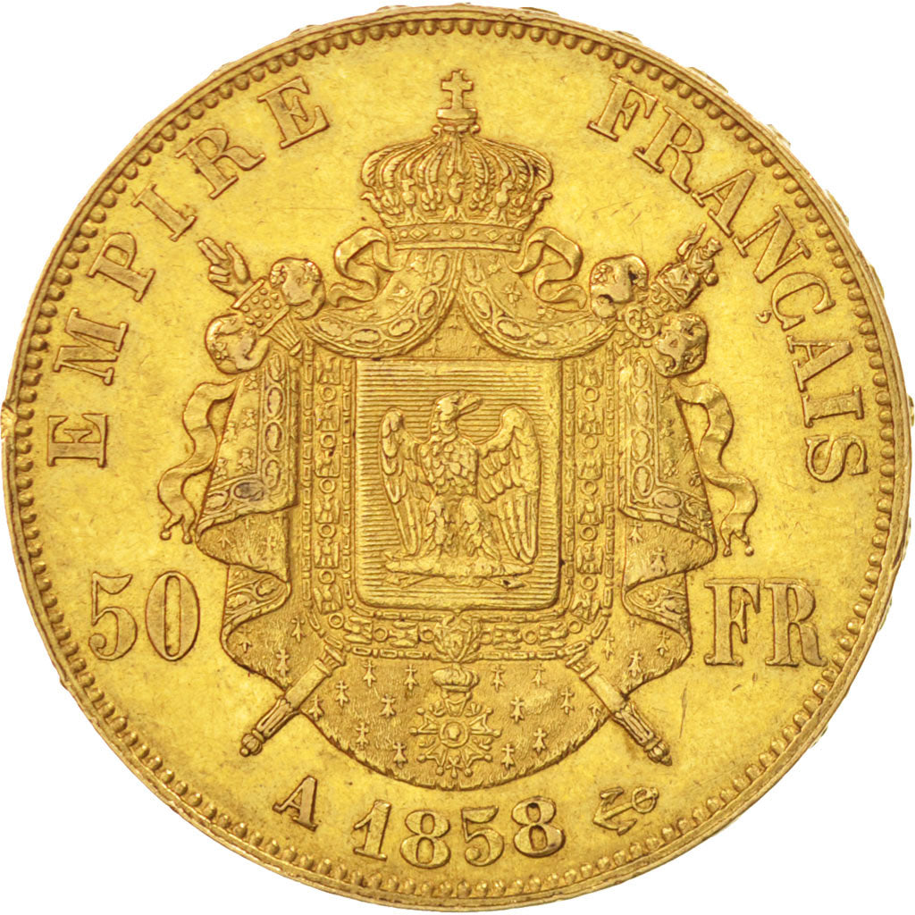 FRANCE, Napoléon III, 50 Francs, 1858, Paris, KM #785.1, EF(40-45), Gold, Gadour