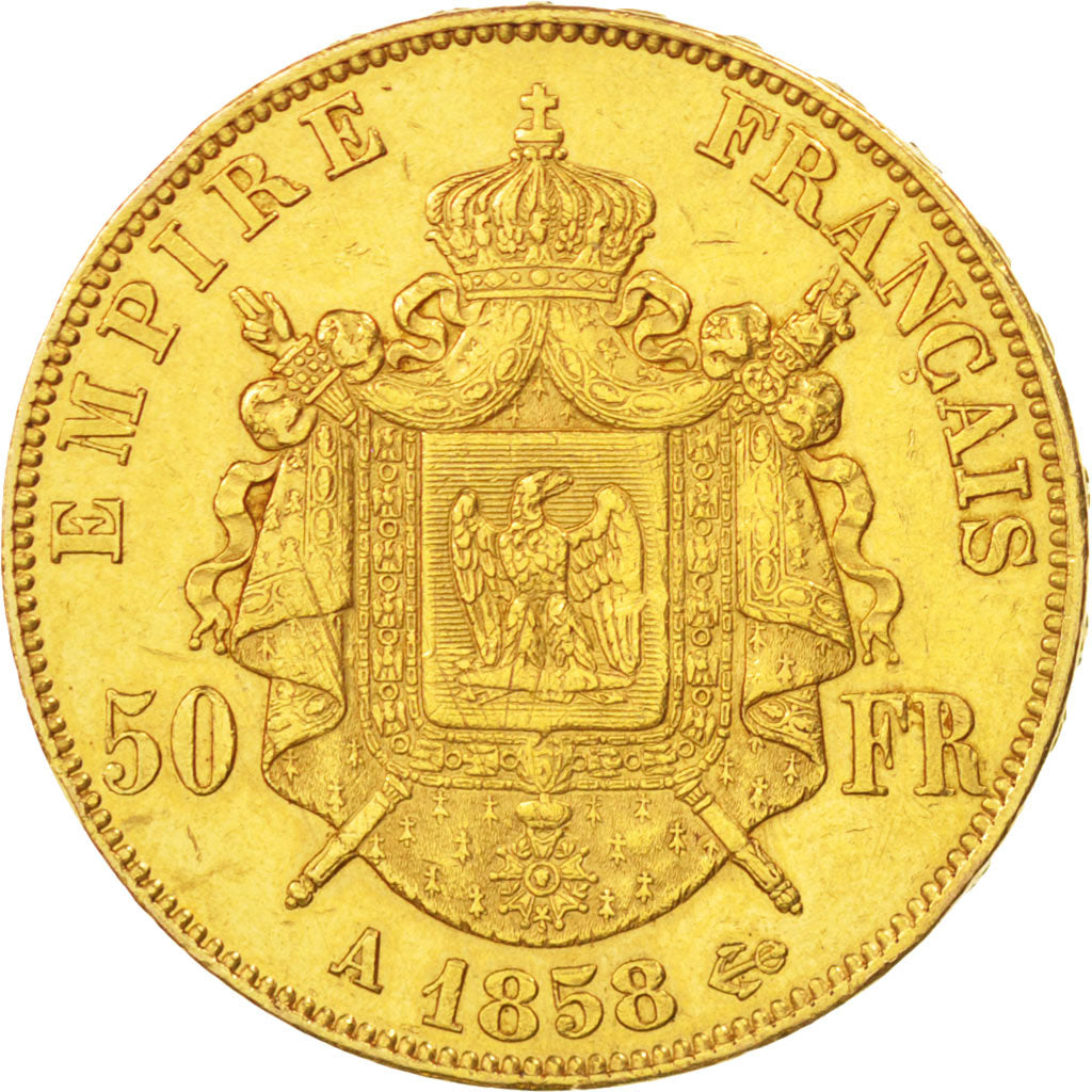 FRANCE, Napoléon III, 50 Francs, 1858, Paris, KM #785.1, EF(40-45), Gold, Gadour