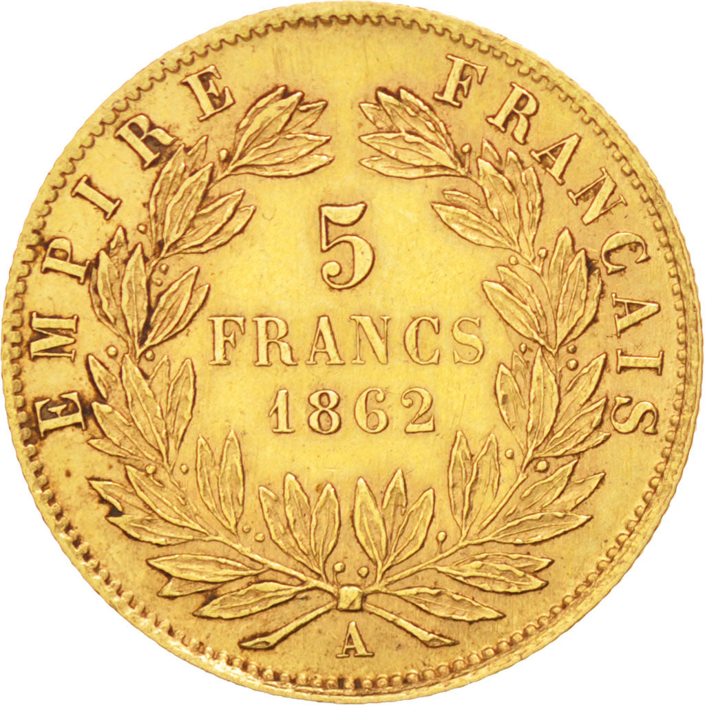 FRANCE, Napoléon III, 5 Francs, 1862, Paris, KM #803.1, AU(50-53), Gold, Gadoury