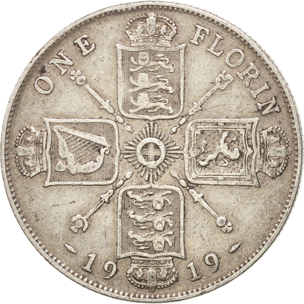 GREAT BRITAIN, Florin, Two Shillings, 1919, KM #817, EF(40-45), Silver, 28.3,...