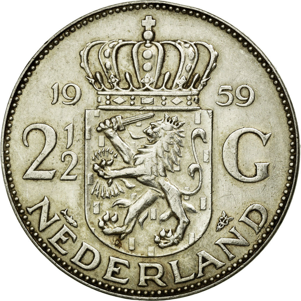 NETHERLANDS, 2-1/2 Gulden, 1959, KM #185, AU(50-53), Silver, 33, 15.04
