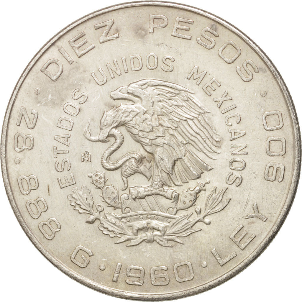 MEXICO, 10 Pesos, 1960, Mexico City, KM #476, AU(55-58), Silver, 40, 28.90