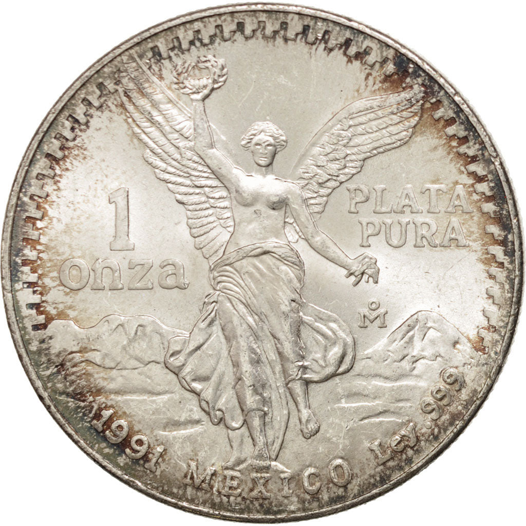MEXICO, Onza, Troy Ounce of Silver, 1991, Mexico City, KM #494.2, AU(55-58),...
