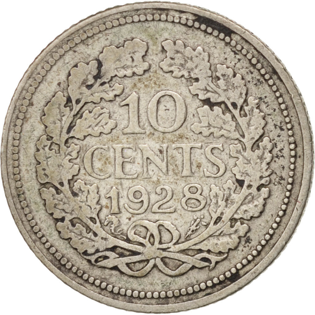 NETHERLANDS, 10 Cents, 1928, KM #163, VF(30-35), Silver, 15, 1.37