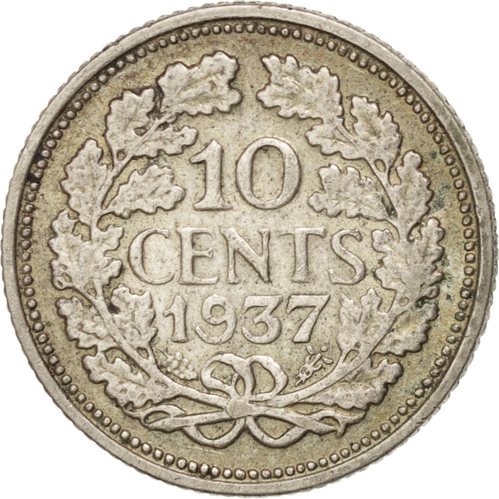 NETHERLANDS, 10 Cents, 1937, KM #163, EF(40-45), Silver, 15, 1.38