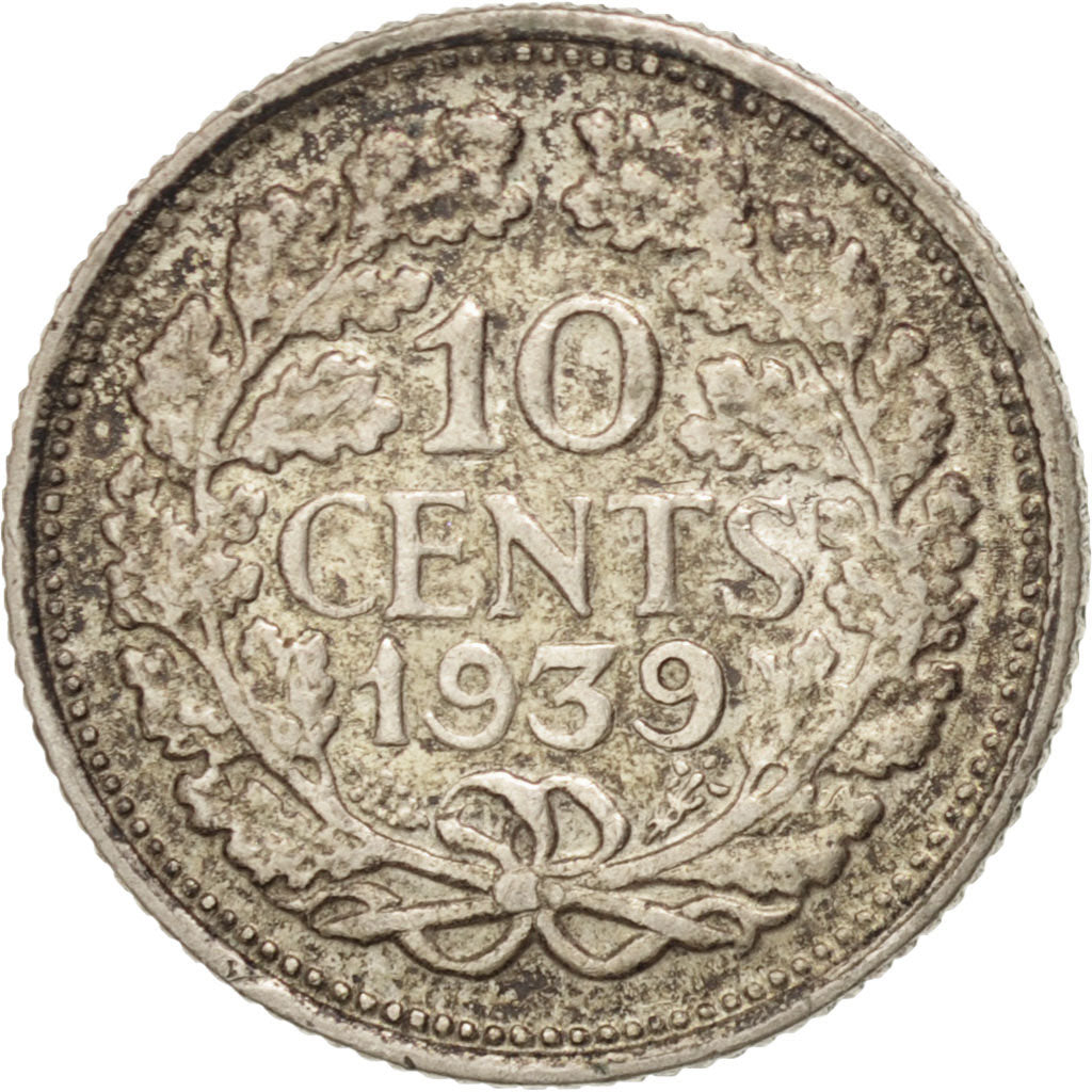 NETHERLANDS, 10 Cents, 1939, KM #163, EF(40-45), Silver, 15, 1.39