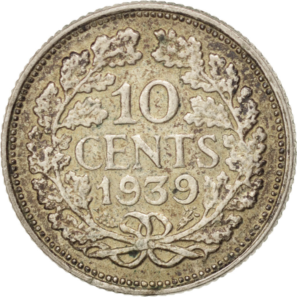 NETHERLANDS, 10 Cents, 1939, KM #163, EF(40-45), Silver, 15, 1.38
