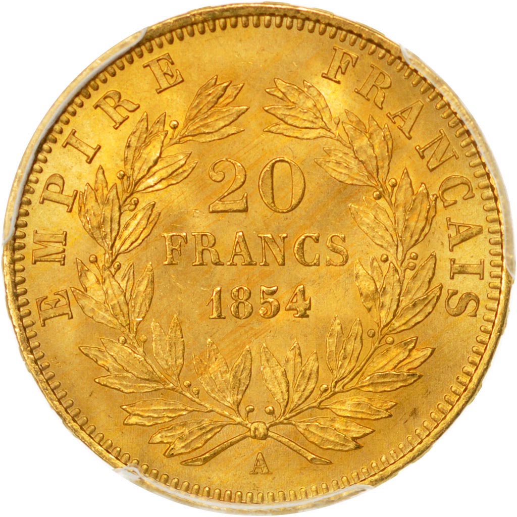 Second Empire, 20 Francs Napoléon III tête nue 1854 Paris, PCGS MS65+, KM 781.1