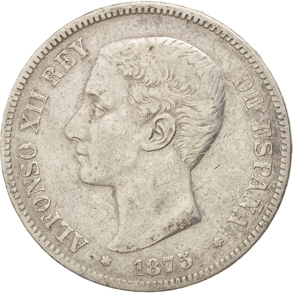 Spain, 5 Pesetas, 1875, Madrid, KM #671, EF(40-45), Silver, 24.35