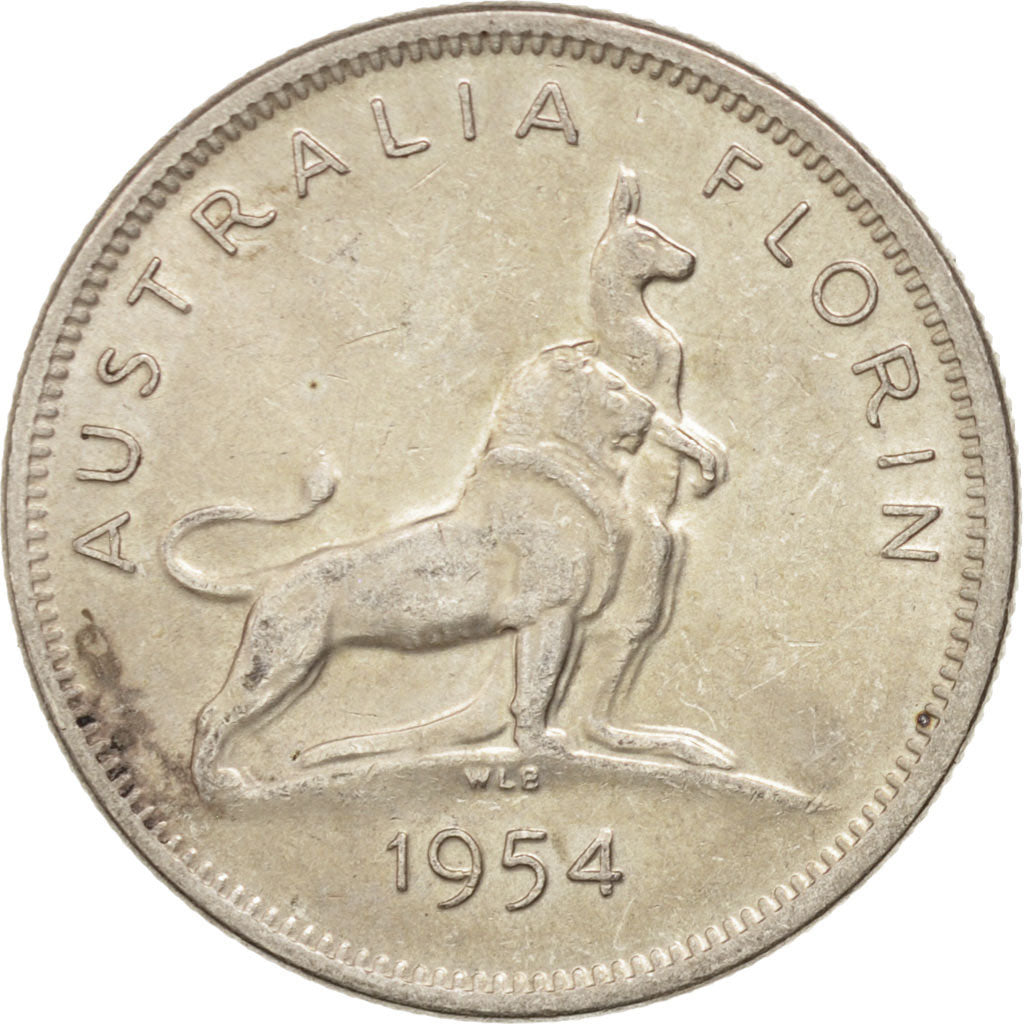 AUSTRALIA, Florin, 1954, Melbourne, KM #55, AU(50-53), Silver, 28.5, 11.30