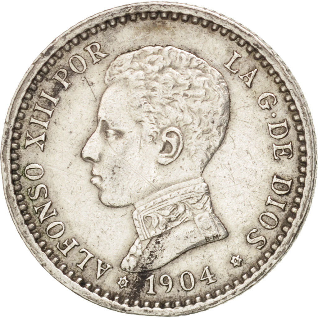 SPAIN, 50 Centimos, 1904, KM #723, AU(50-53), Silver, 2.50