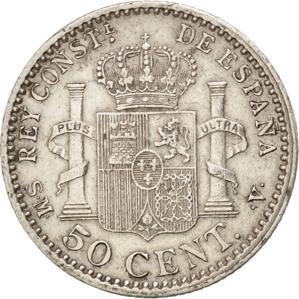 SPAIN, 50 Centimos, 1904, KM #723, AU(50-53), Silver, 2.50