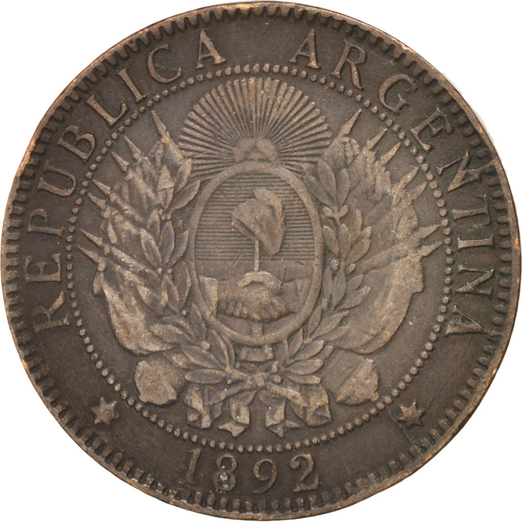 ARGENTINA, 2 Centavos, 1892, KM #33, EF(40-45), Bronze, 30, 10.12